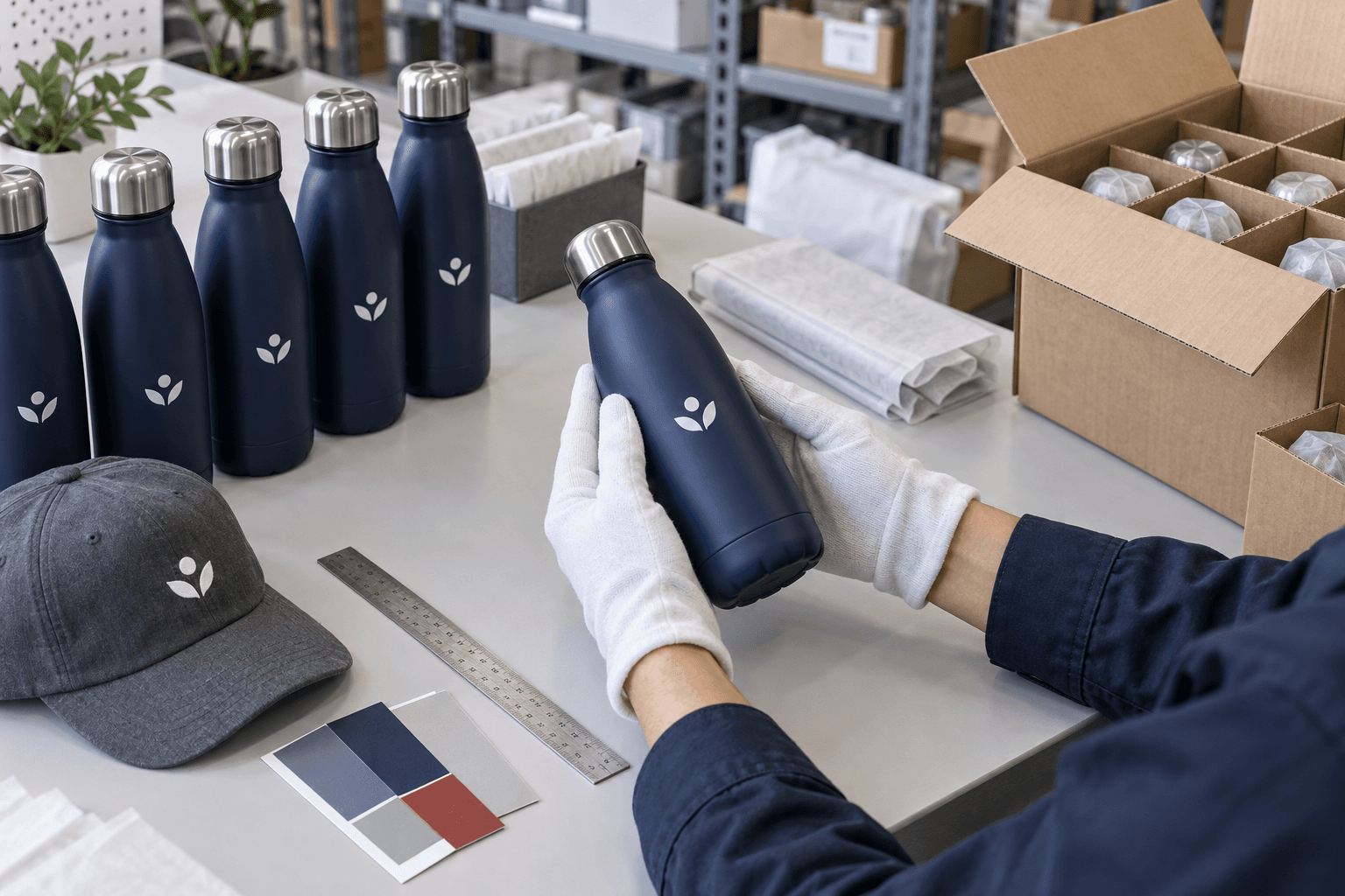 Illustrative gloved inspection of a printed bottle beside protective packaging.