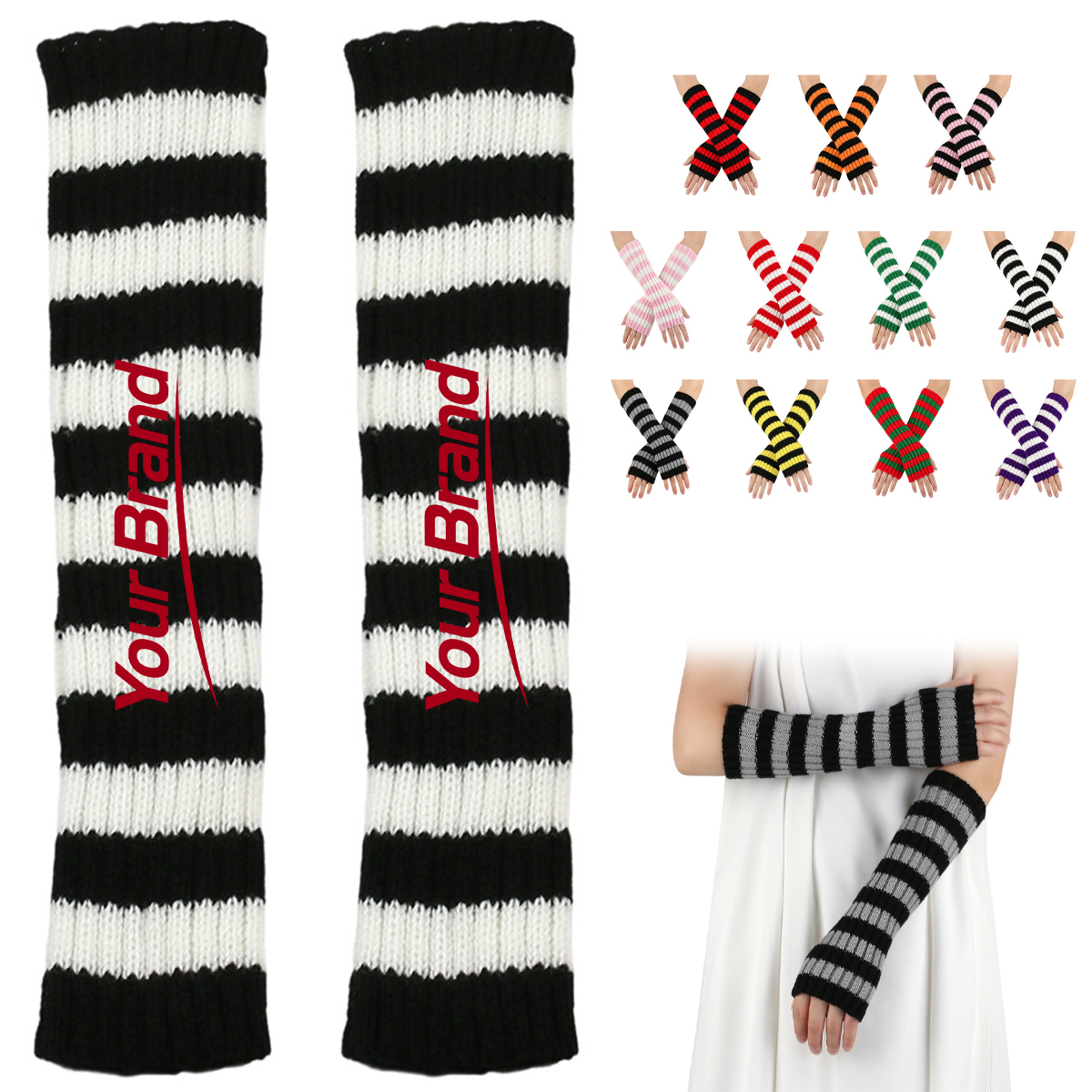 Striped Knitted Fingerless Arm Warmers Long Sleeve Gloves