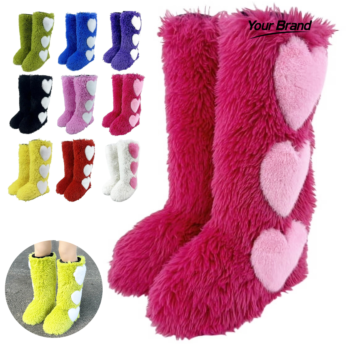 Trendy Fluffy Faux Fur Heart Patch Knee High Snow Boots