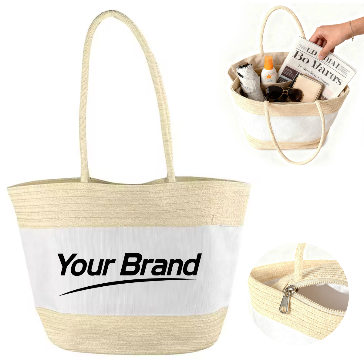 Eco Straw Beach Tote Bag with Cotton Panel and Long Handle
