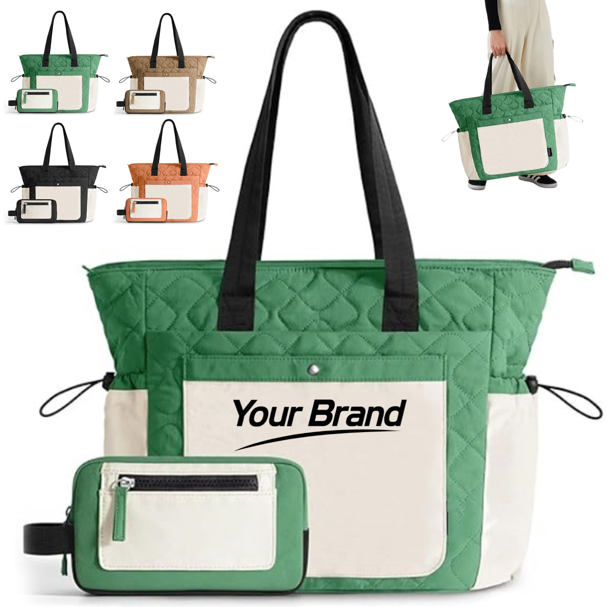 Two Tone Nylon Multi Pocket Tote Bag with Detachable Pouch