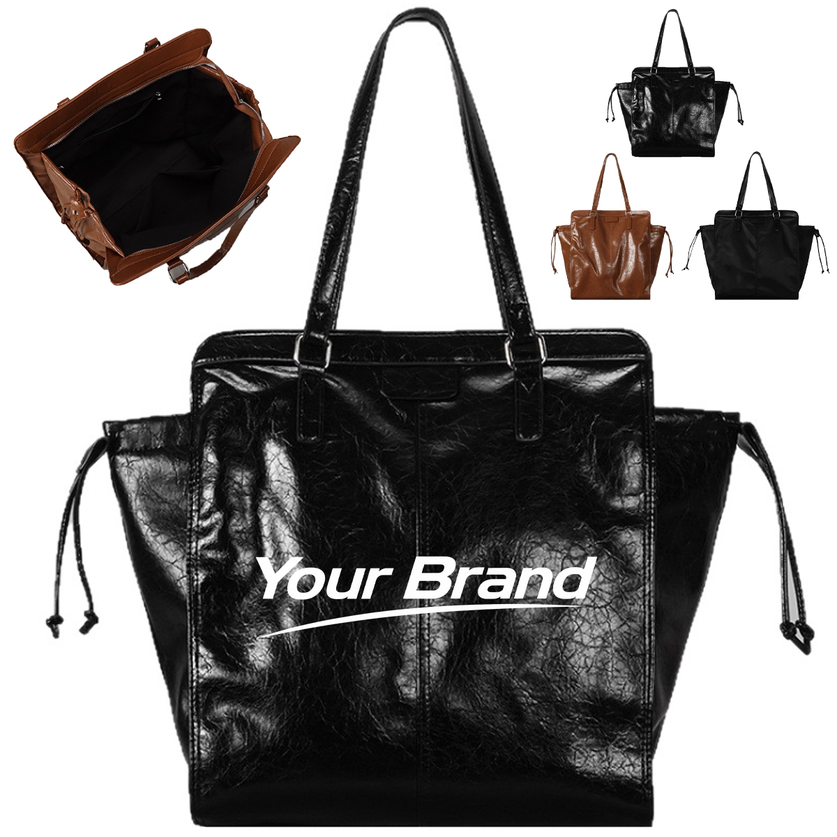 Large Capacity PU Leather Tote Bag with Drawstring Sides