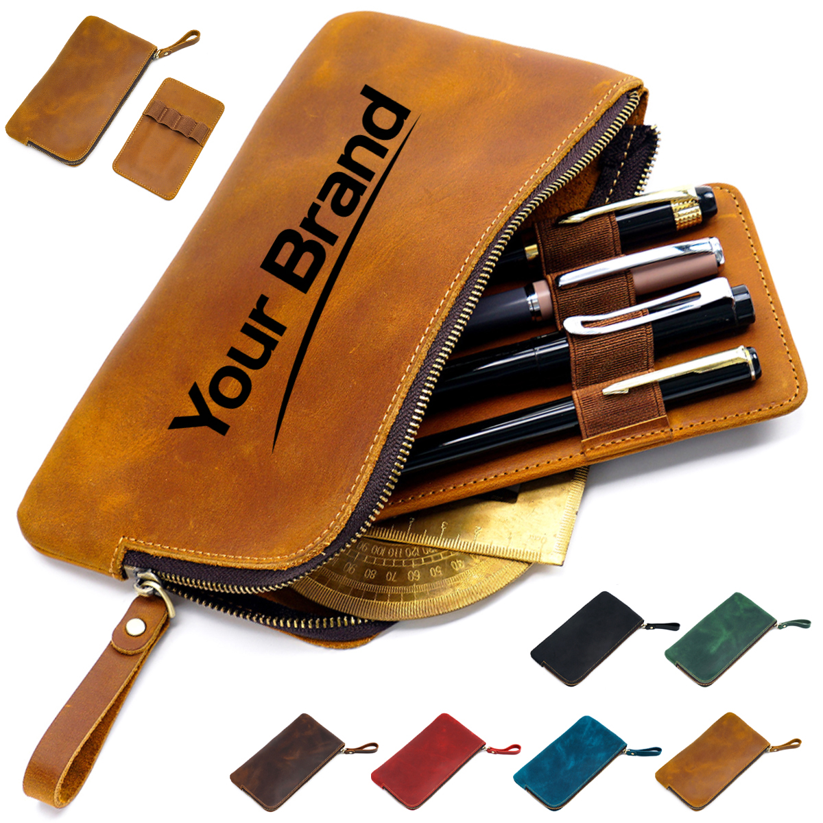 Vintage Leather Pen Case with Zipper Closure