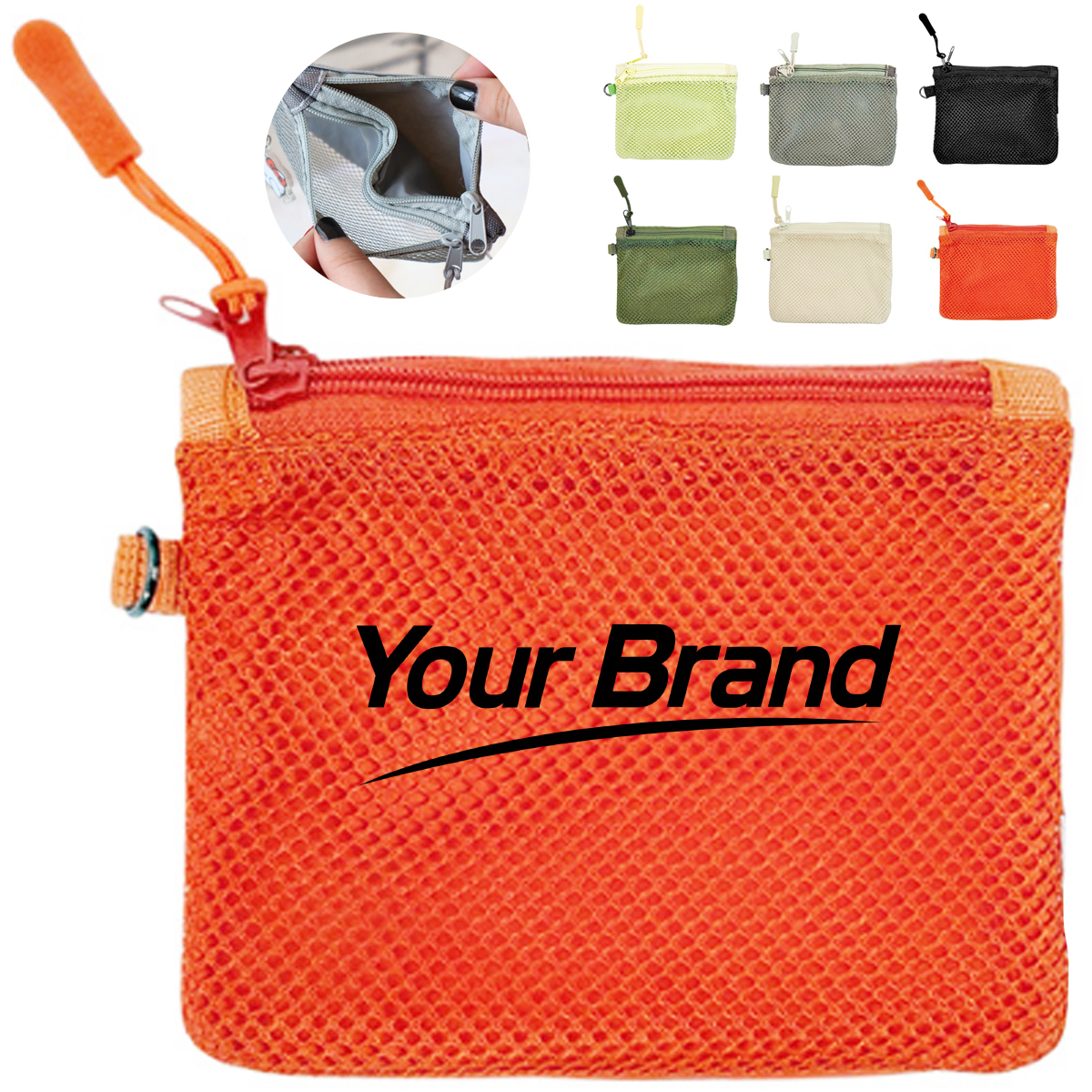 Mesh Nylon Zipper Coin Pouch with Wrist Strap