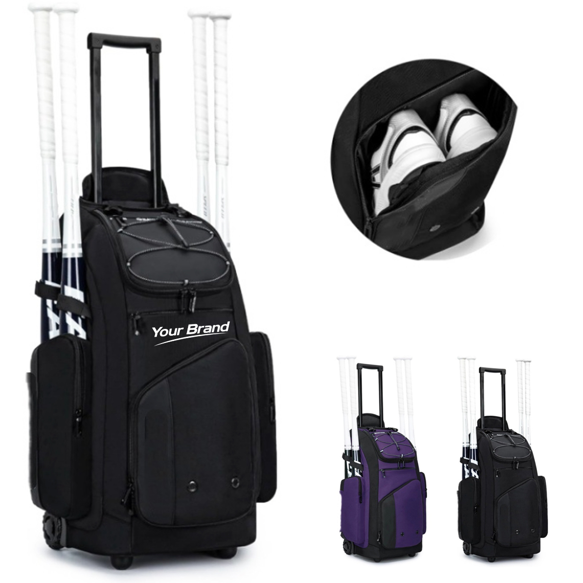 Rolling Baseball Bag with Dual Bat Holders and Wheels