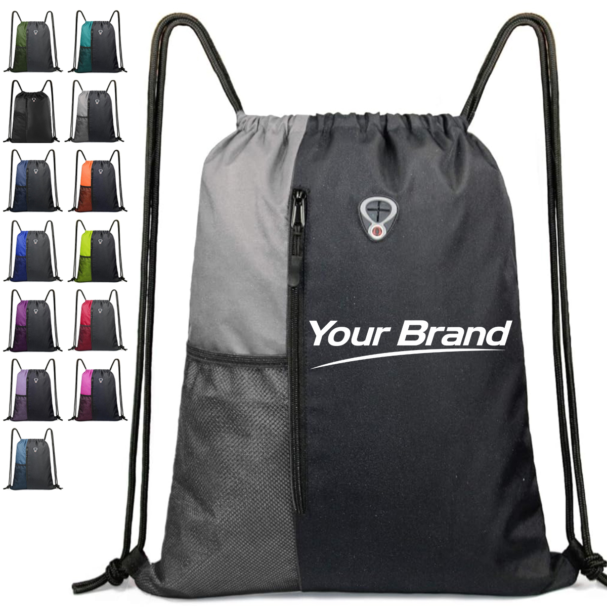 Two Tone Drawstring Backpack with Front Zipper Pocket