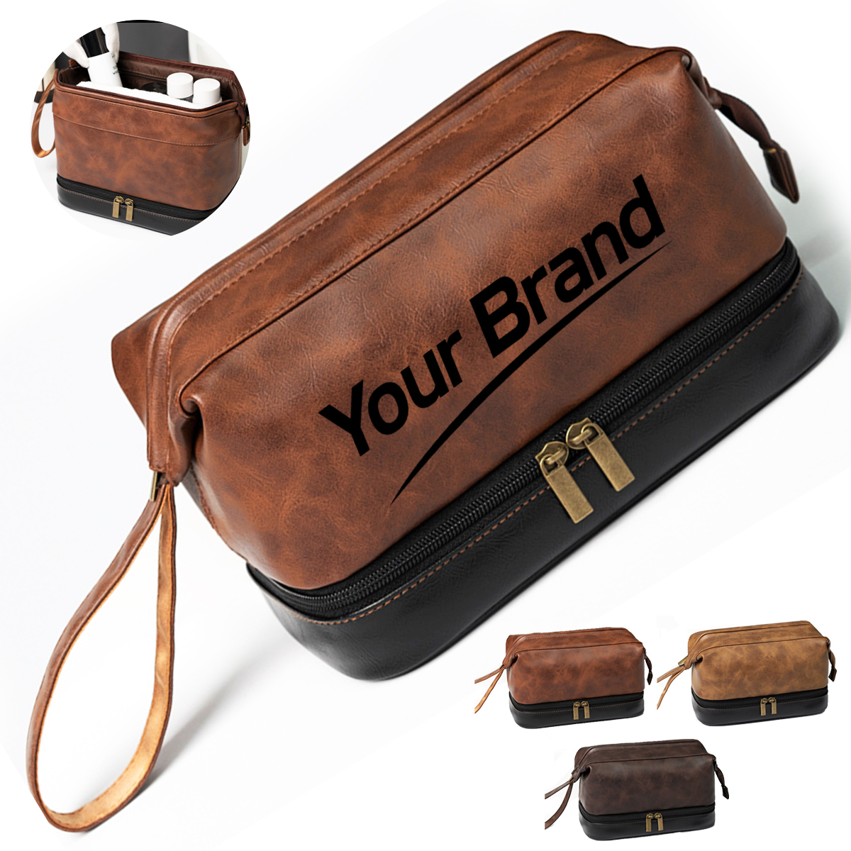 Double Layer PU Leather Toiletry Bag with Handle