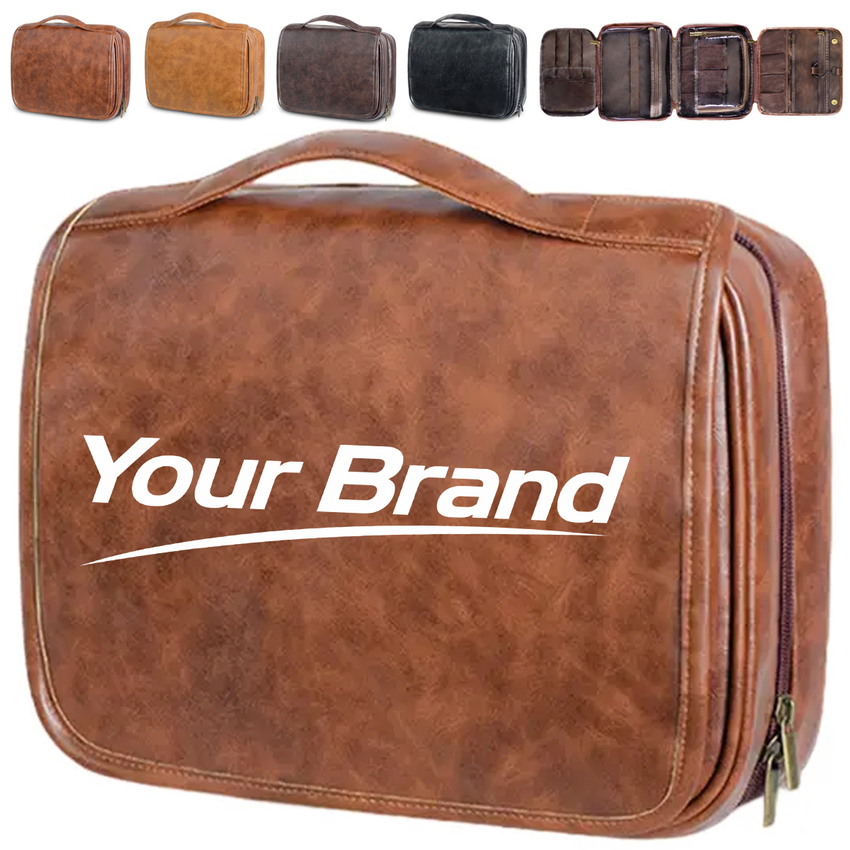 Large PU Leather Hanging Toiletry Bag with Handle