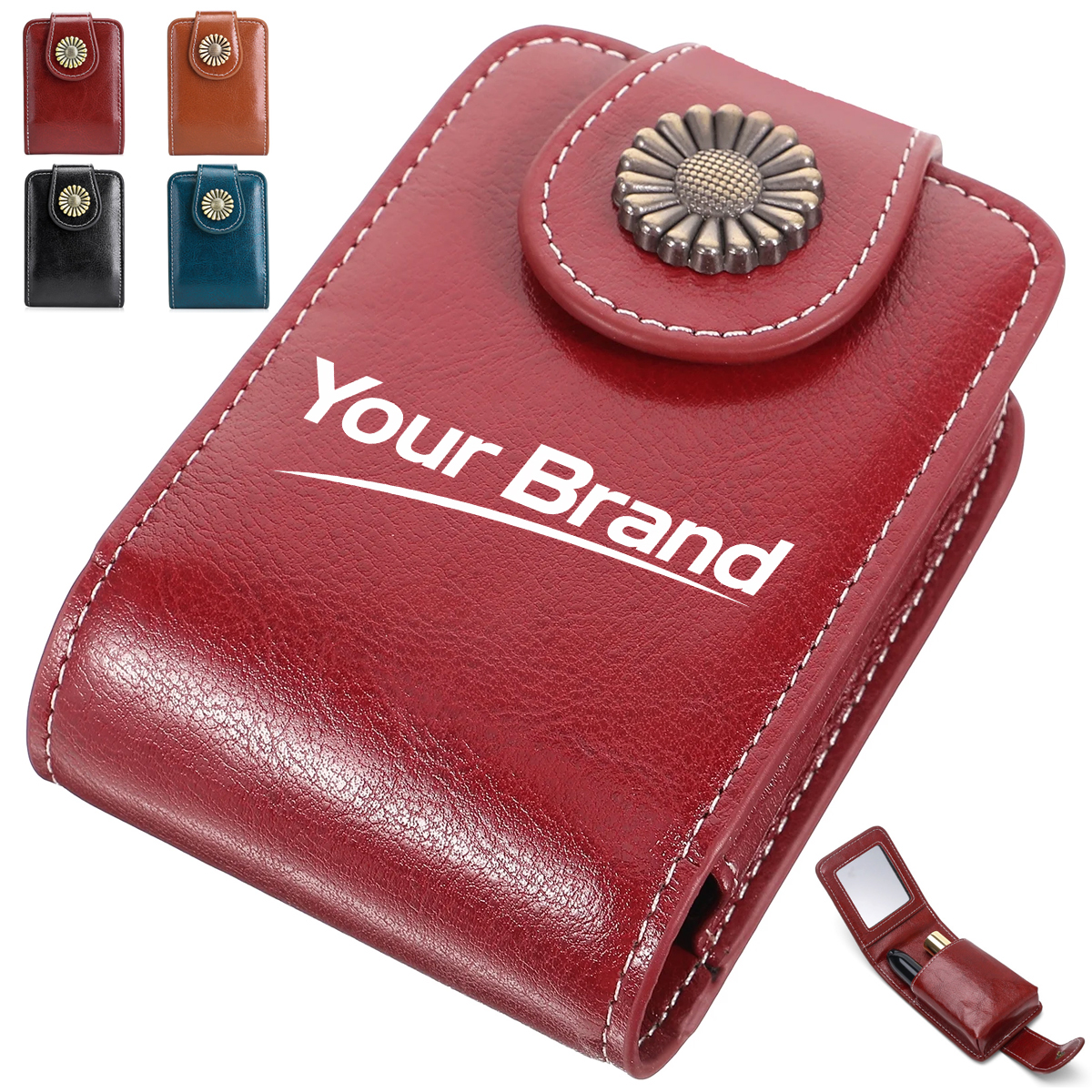 PU Leather Lipstick Case with Mirror and Snap Closure