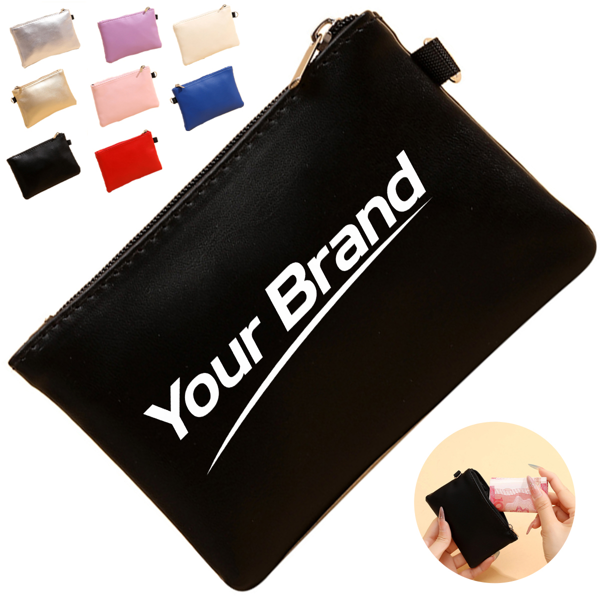 PU Leather Coin Purse with Zipper and Key Ring