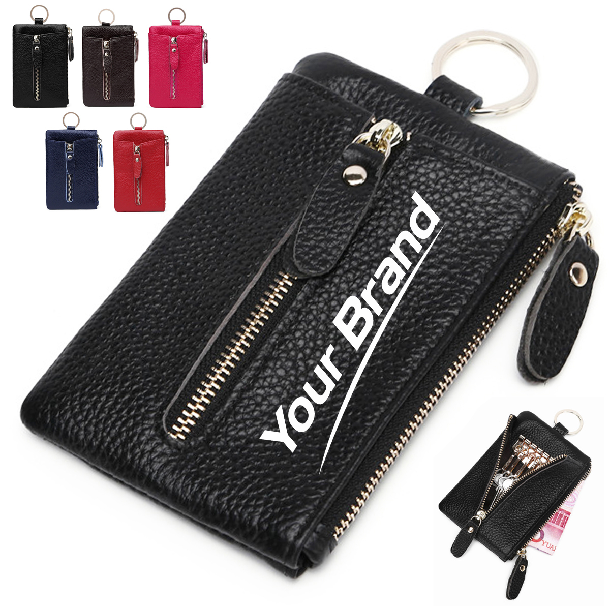 PU Leather Key Holder Wallet with Zipper and Key Ring