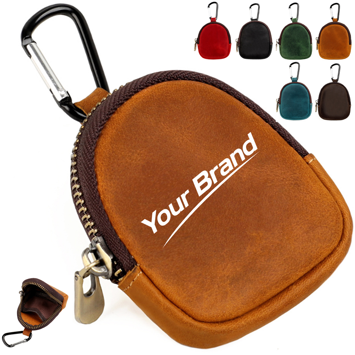 PU Leather Coin Purse with Zipper and Carabiner Clip