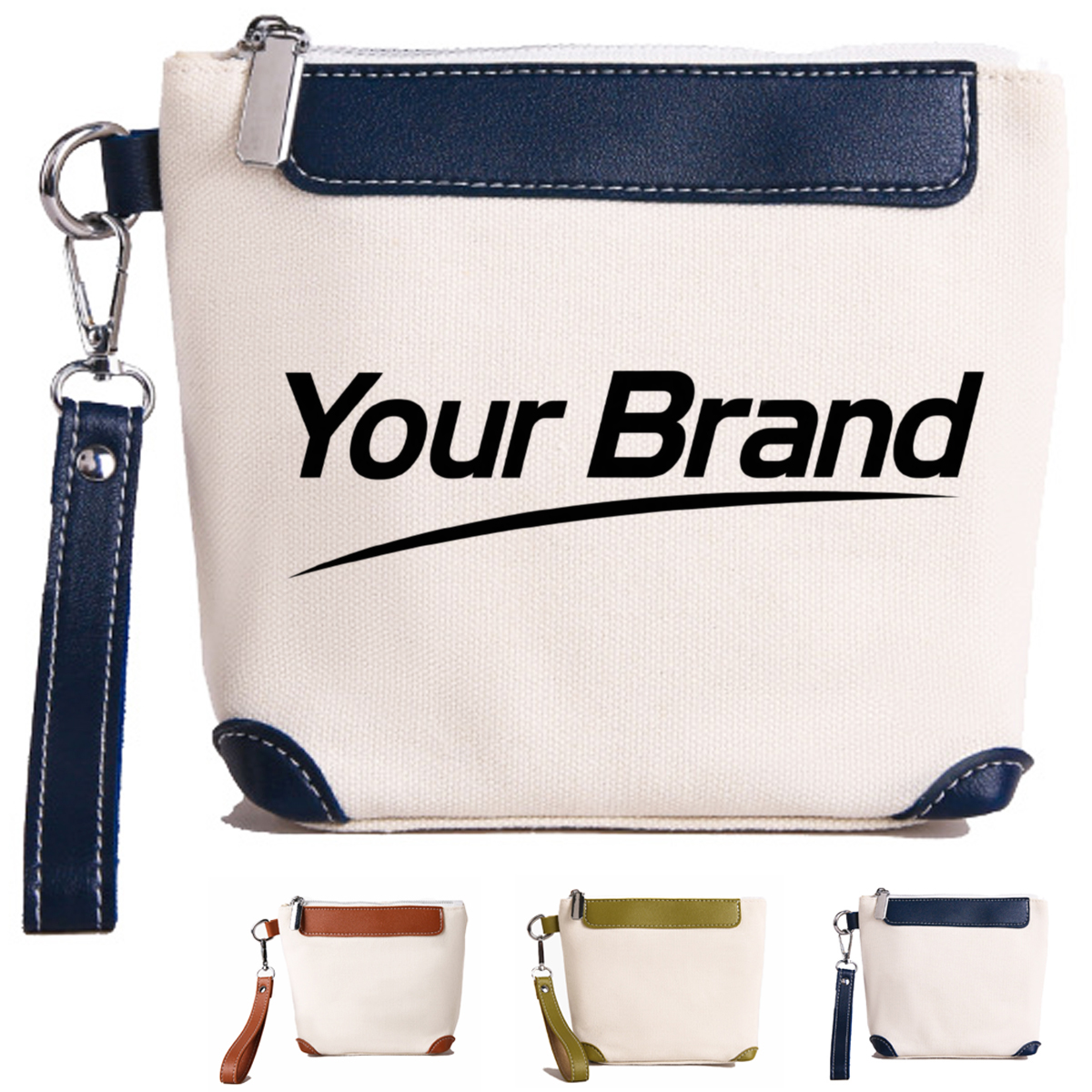 Canvas and PU Leather Wristlet Pouch with Zipper