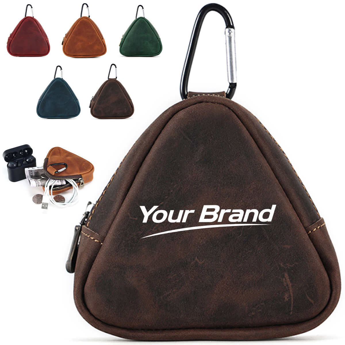 Triangular Leather Coin Purse with Zipper and Strap