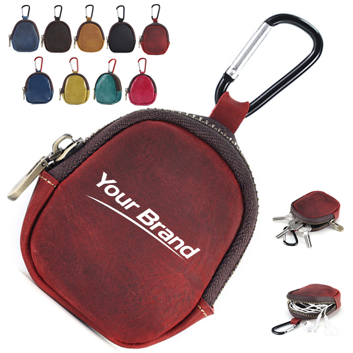 Mini Leather Coin Pouch with Zipper and Key Clip