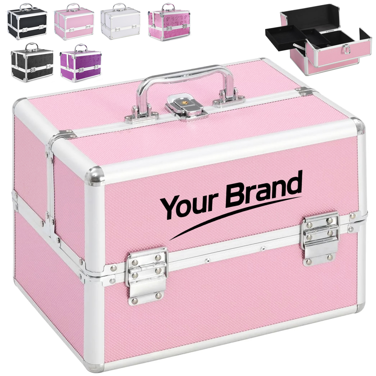 Pink Aluminum Makeup Case with Mirror and Dividers