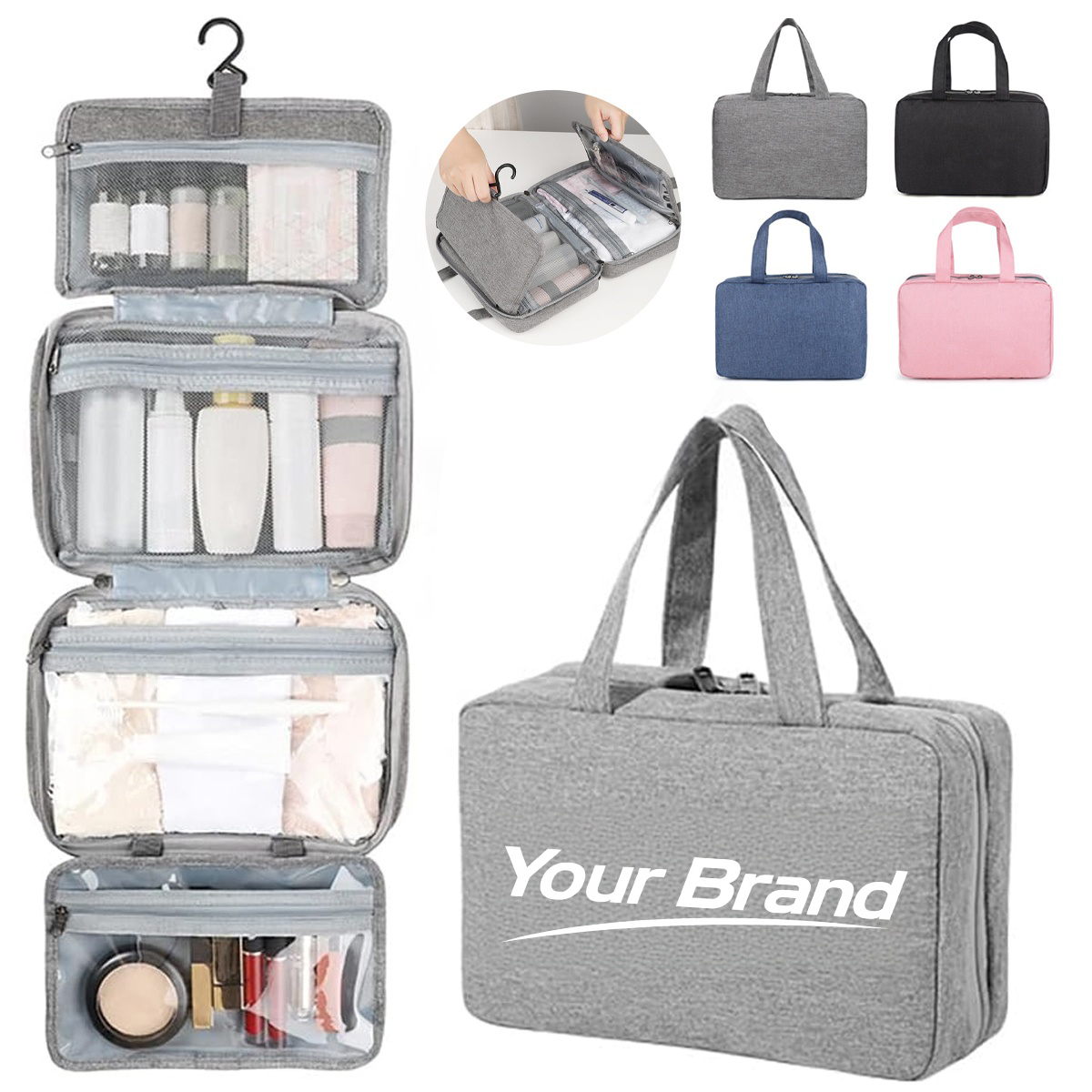 Large Capacity Hanging Travel Toiletry Bag With Swivel Hook