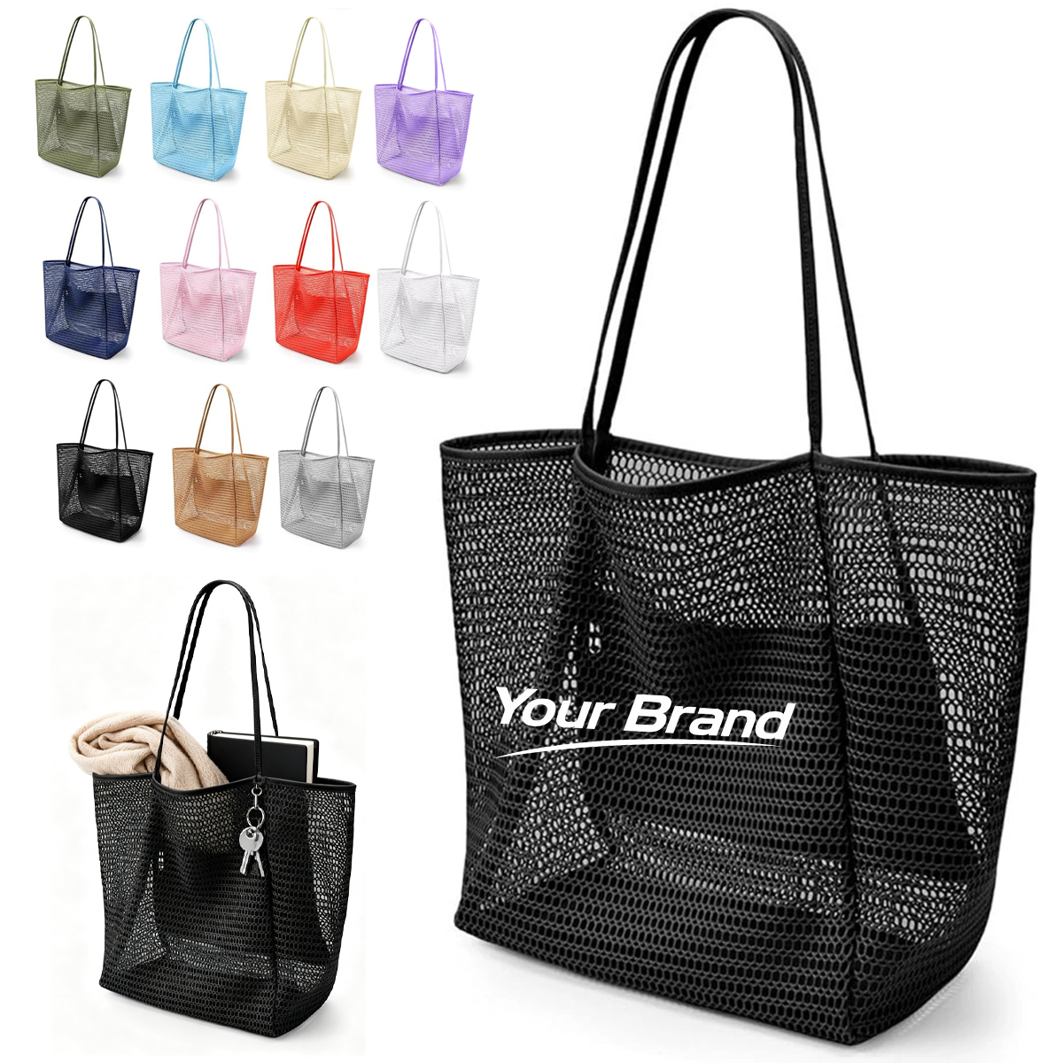 Large Reusable Mesh Beach Tote Bag With Inner Privacy Pocket