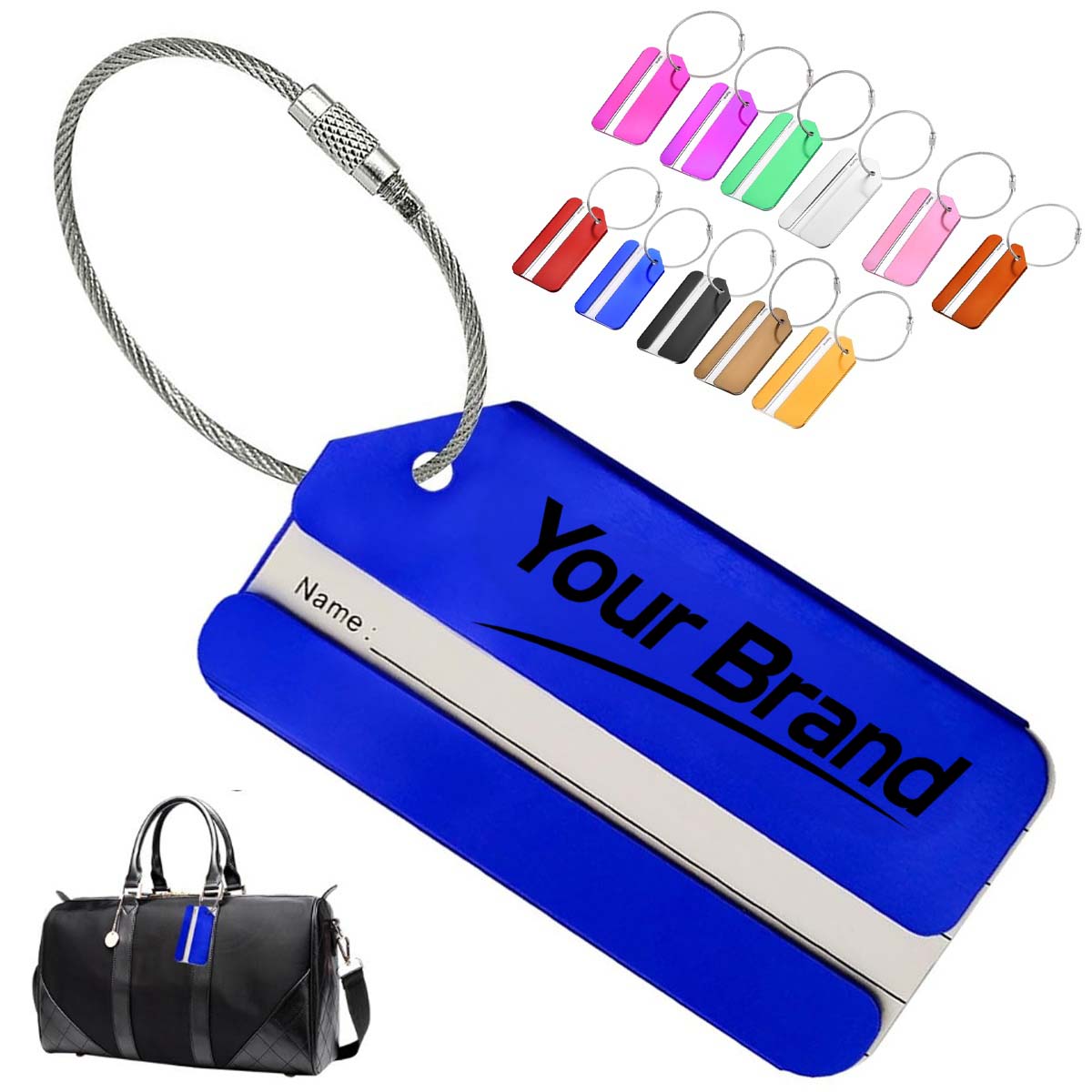 Aluminum Alloy Metal Luggage Tag With Steel Cable Loop