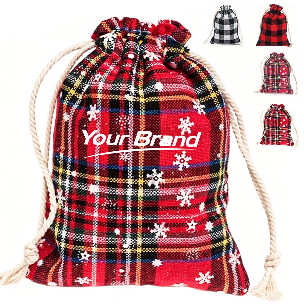 Festive Plaid Cotton Linen Drawstring Christmas Gift Bag Set