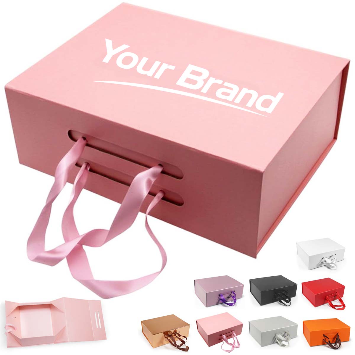 Collapsible Rigid Cardboard Gift Box With Ribbon Handle