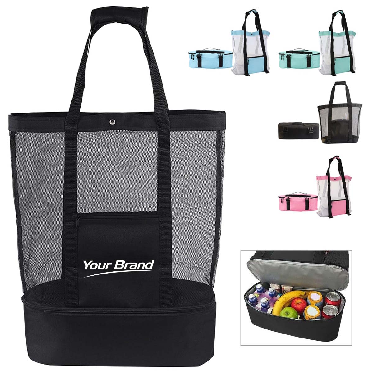 2-In-1 Detachable Insulated Cooler Mesh Beach Tote Bag