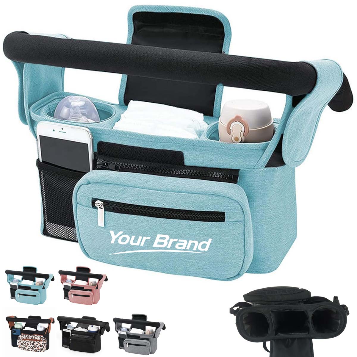 Baby Stroller Organizer Caddy W/ Cup Holders & Phone Pocket