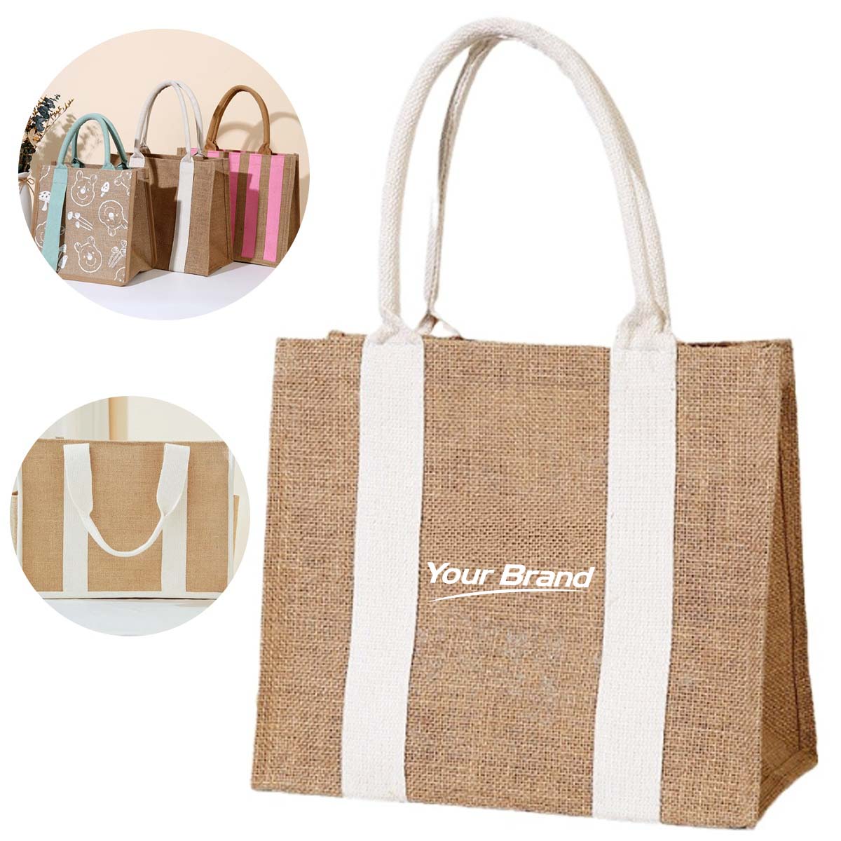 Natural Jute Burlap Tote Bag With Cotton Webbing Handles
