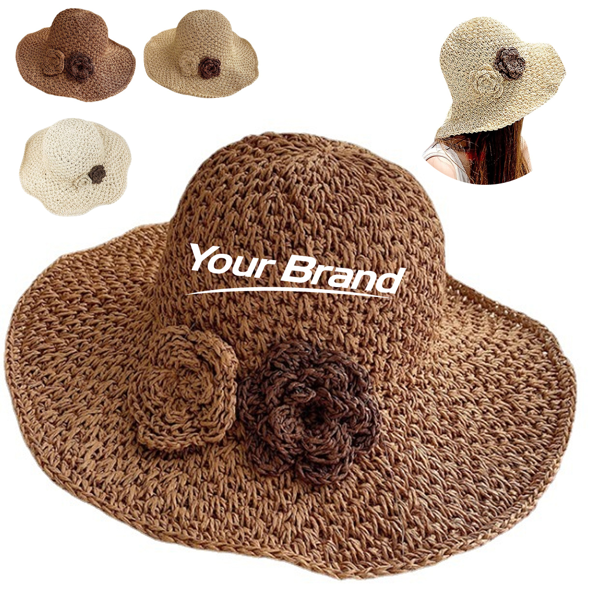 Women’s Floral Accent Straw Sun Hat Summer Beach
