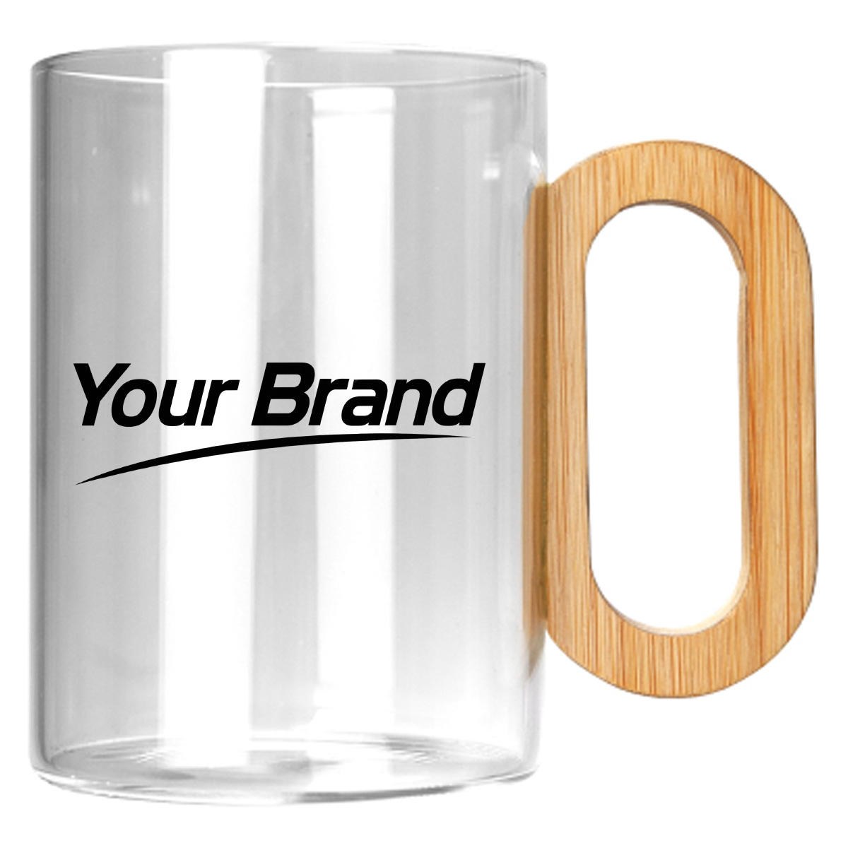 15 oz. Clear Glass Mug with Bamboo Handle and Logo