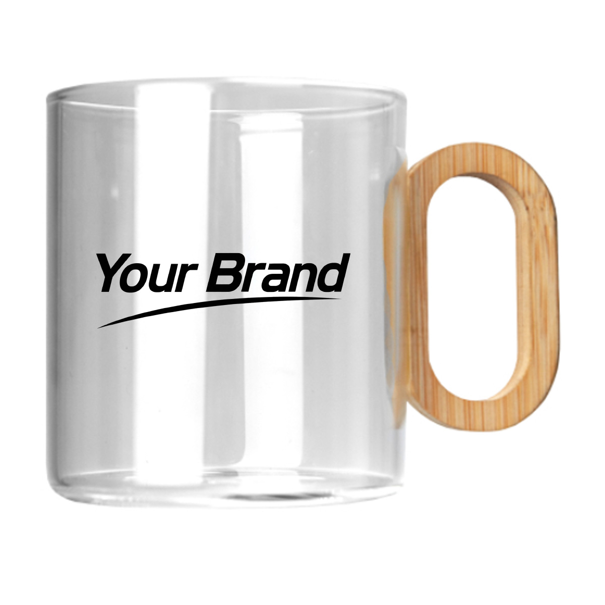 11 oz. Clear Glass Mug with Bamboo Handle and Logo