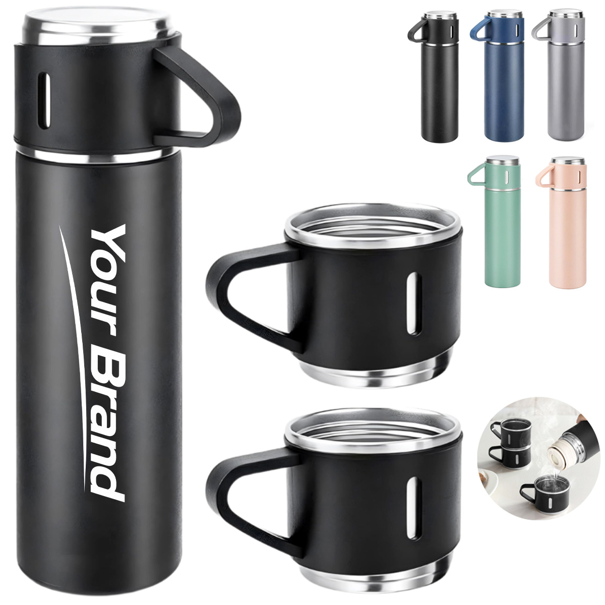 Stainless Steel Thermos Bottle Set with 3 Cups