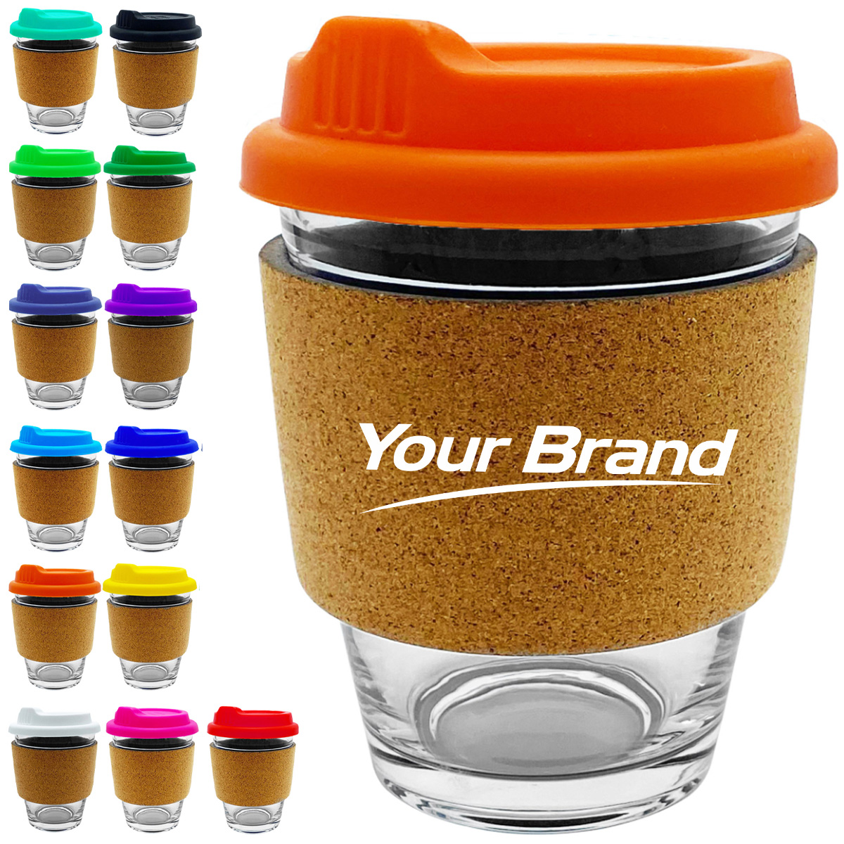 12 oz. Glass Cup with Cork Sleeve and Silicone Lid