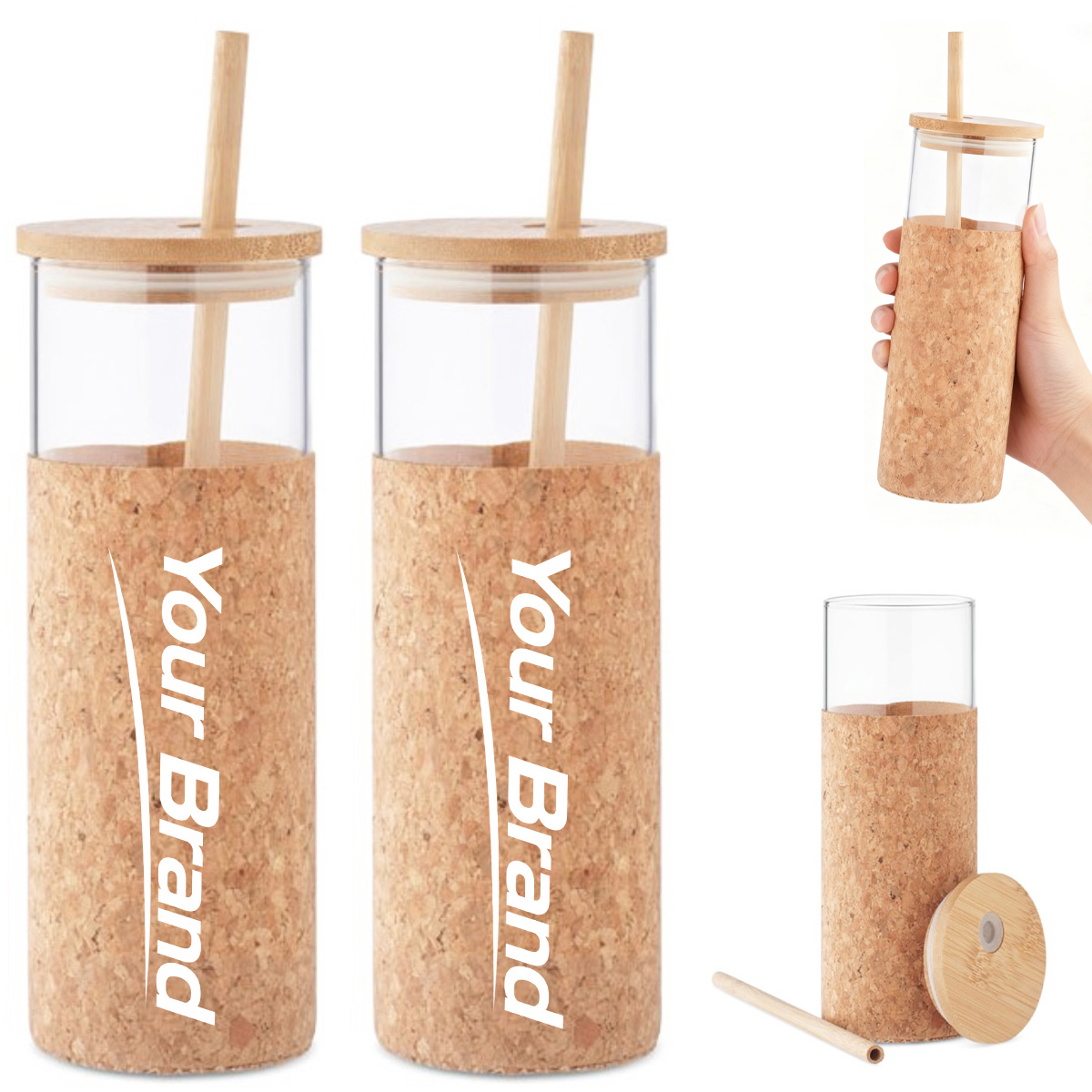 14 oz. Glass Tumbler with Cork Sleeve, Bamboo Lid & Straw