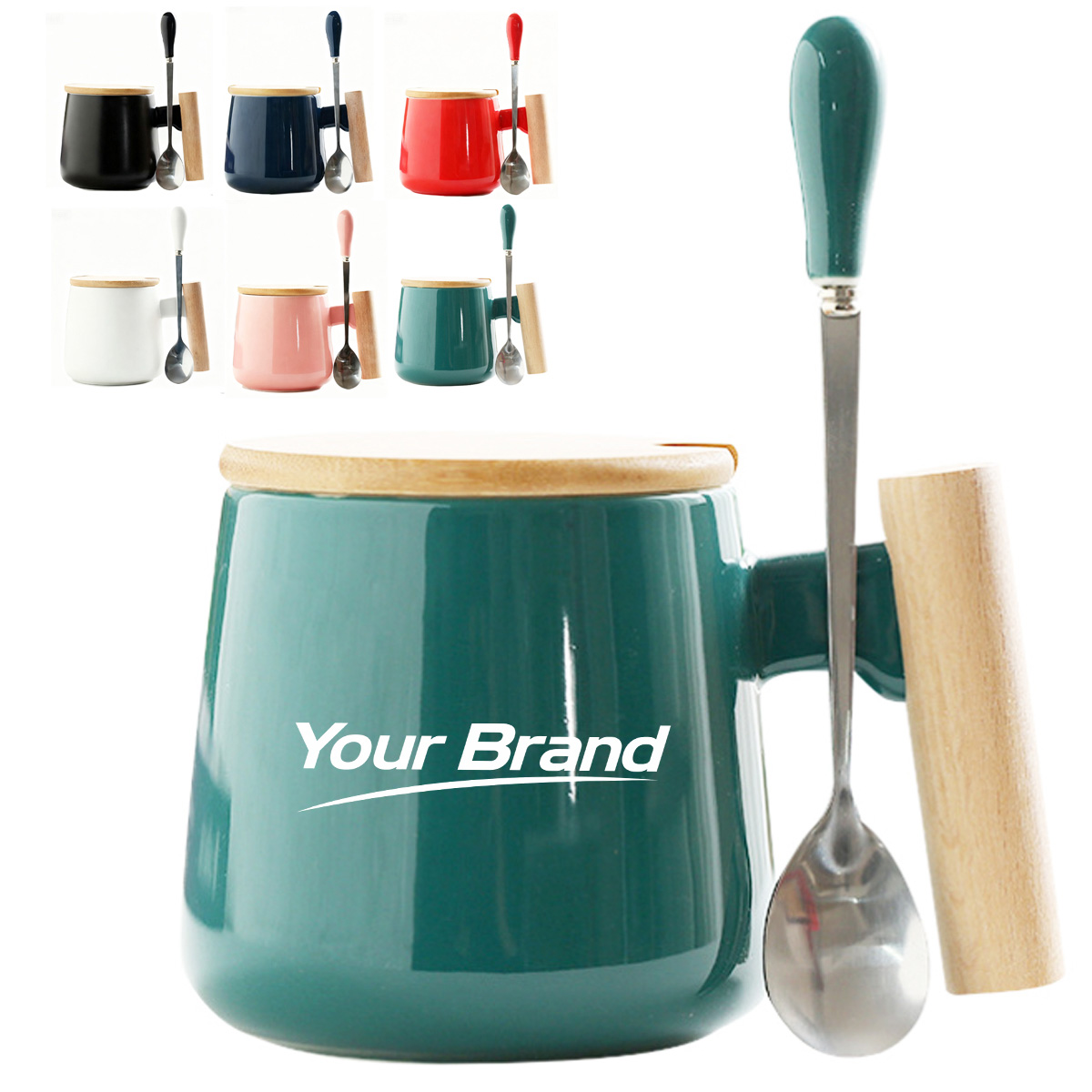 12 oz. Ceramic Mug with Wooden Lid and Spoon