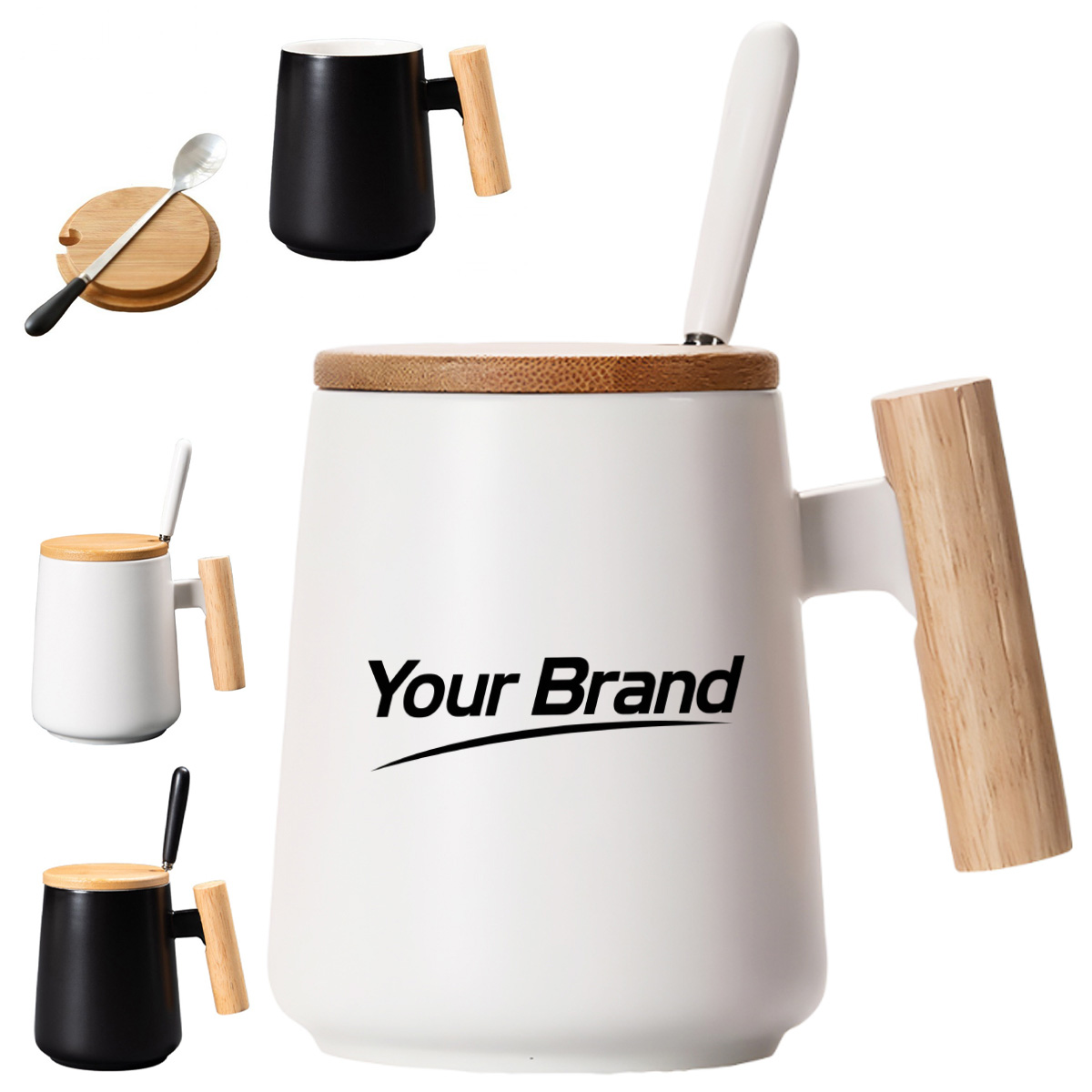 14 oz. Ceramic Mug with Wooden Handle, Lid and Spoon