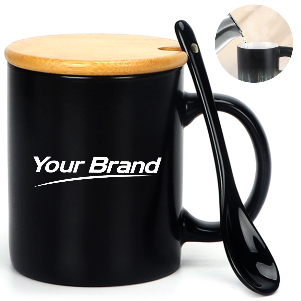 13 oz. Color Changing Ceramic Mug with Bamboo Lid and Spoon