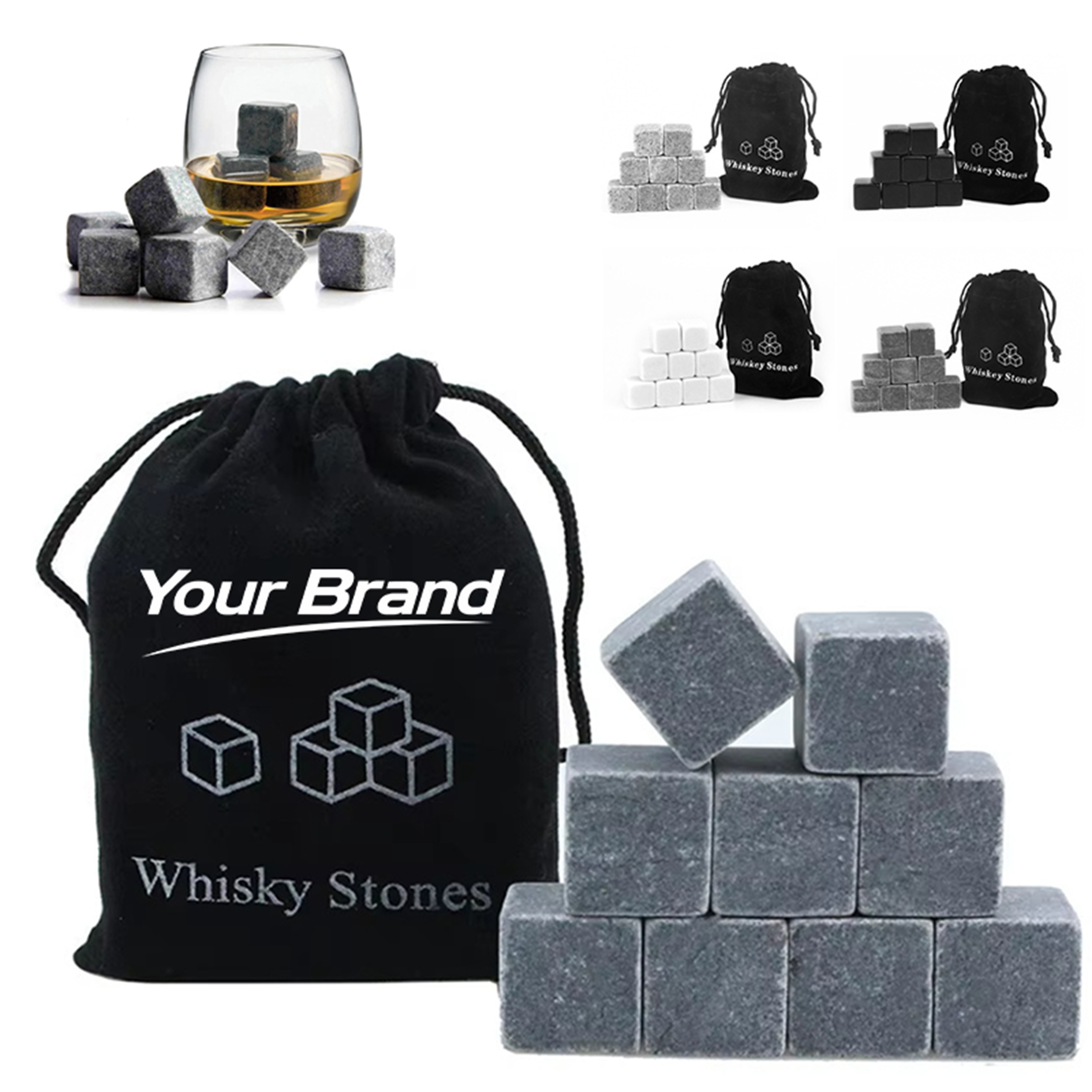 Whiskey Stones Set with Velvet Pouch for Chilling Drinks