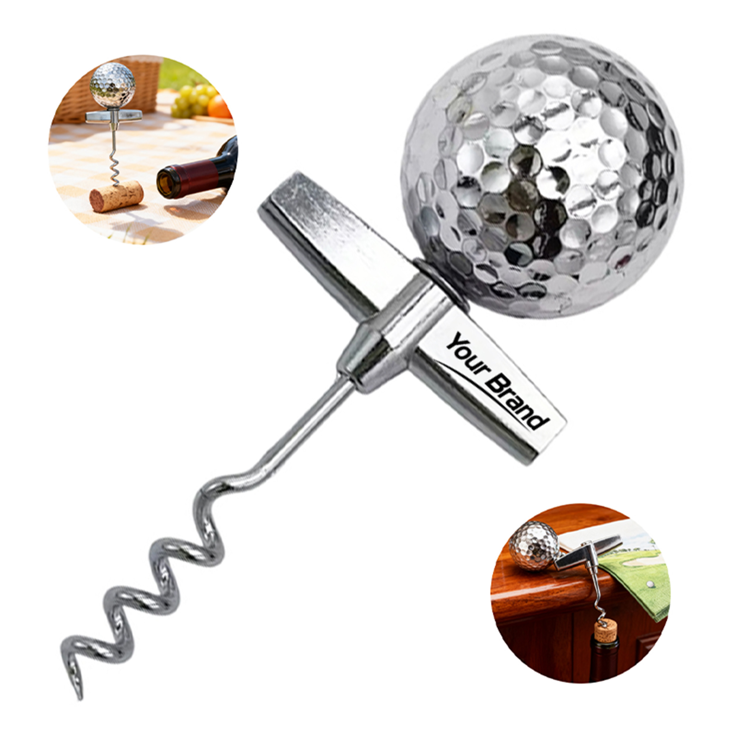 Golf Ball Design Metal Corkscrew Wine Opener w/ Custom Logo