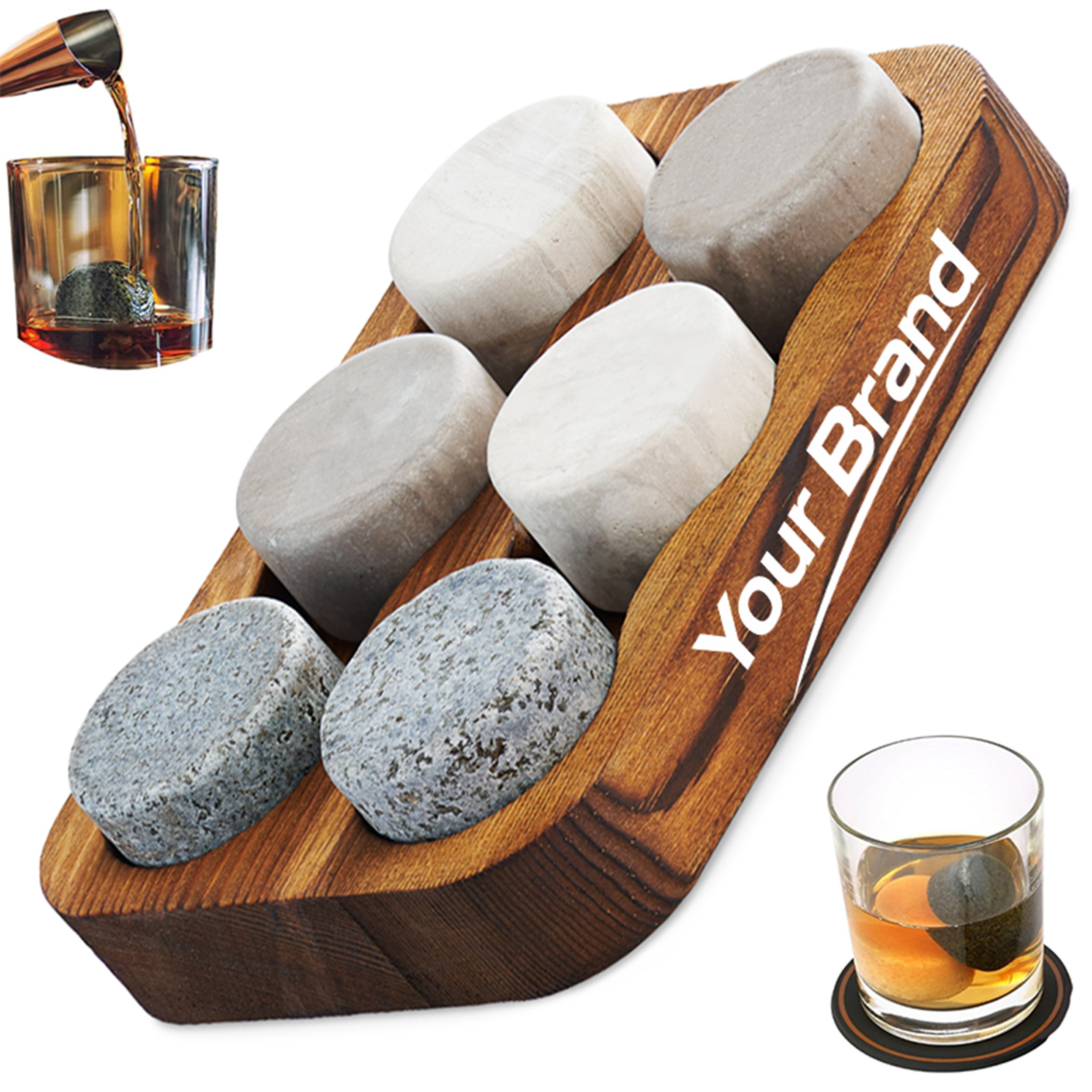 Whiskey Stone Gift Set with Wooden Tray and Custom Logo