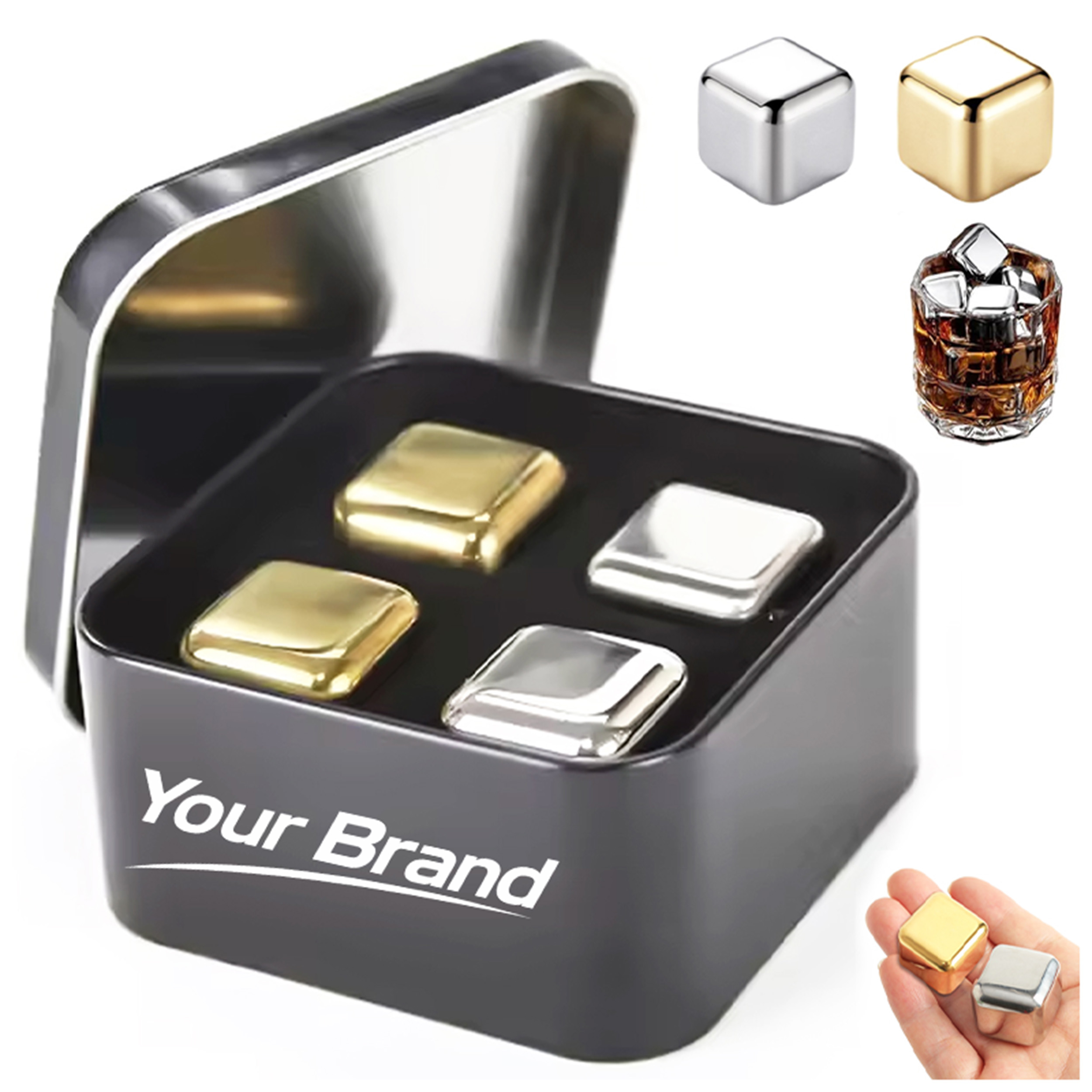 Stainless Steel Whiskey Stones Set in Metal Box with Logo
