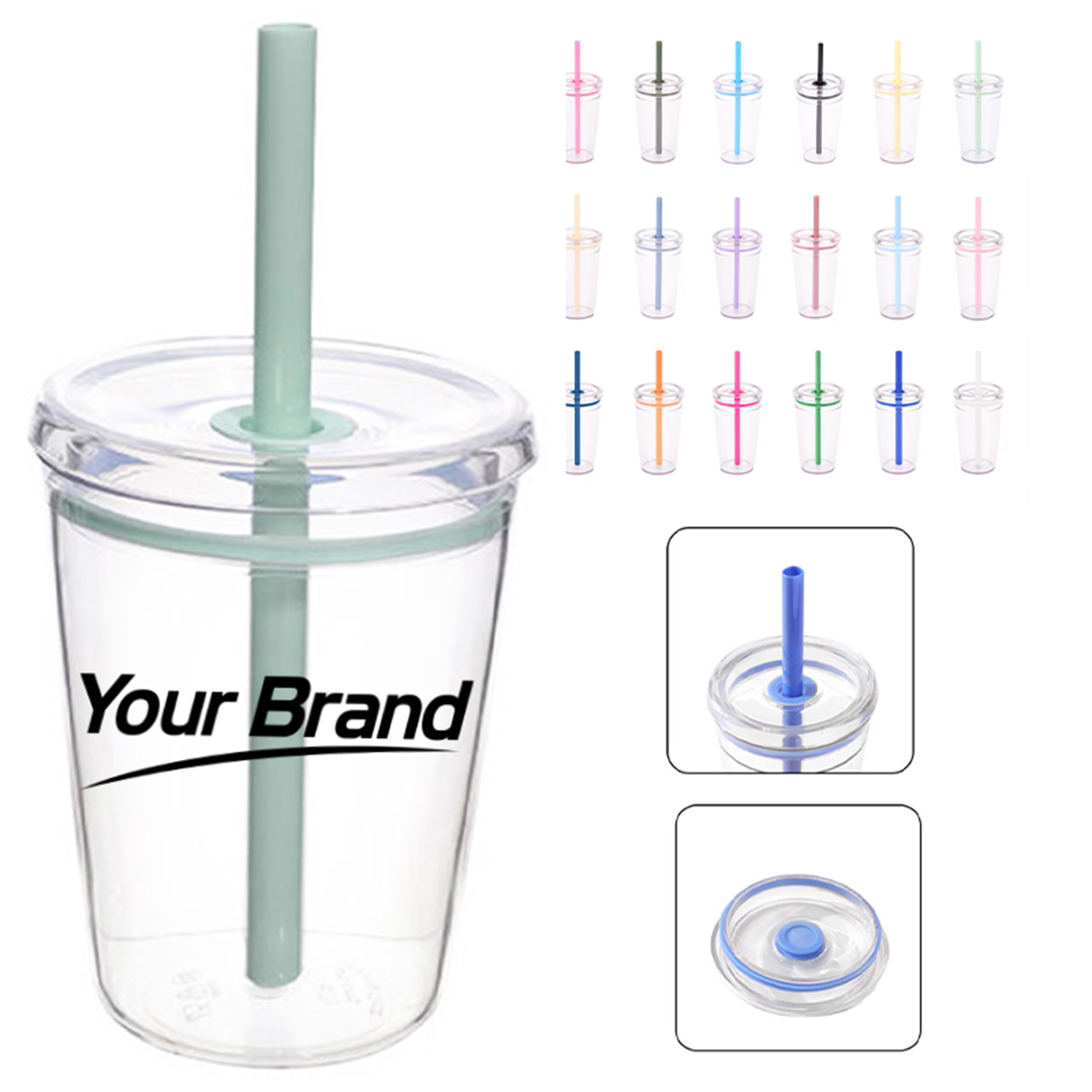 12 oz. Clear Plastic Cup with Colored Straw and Custom Logo