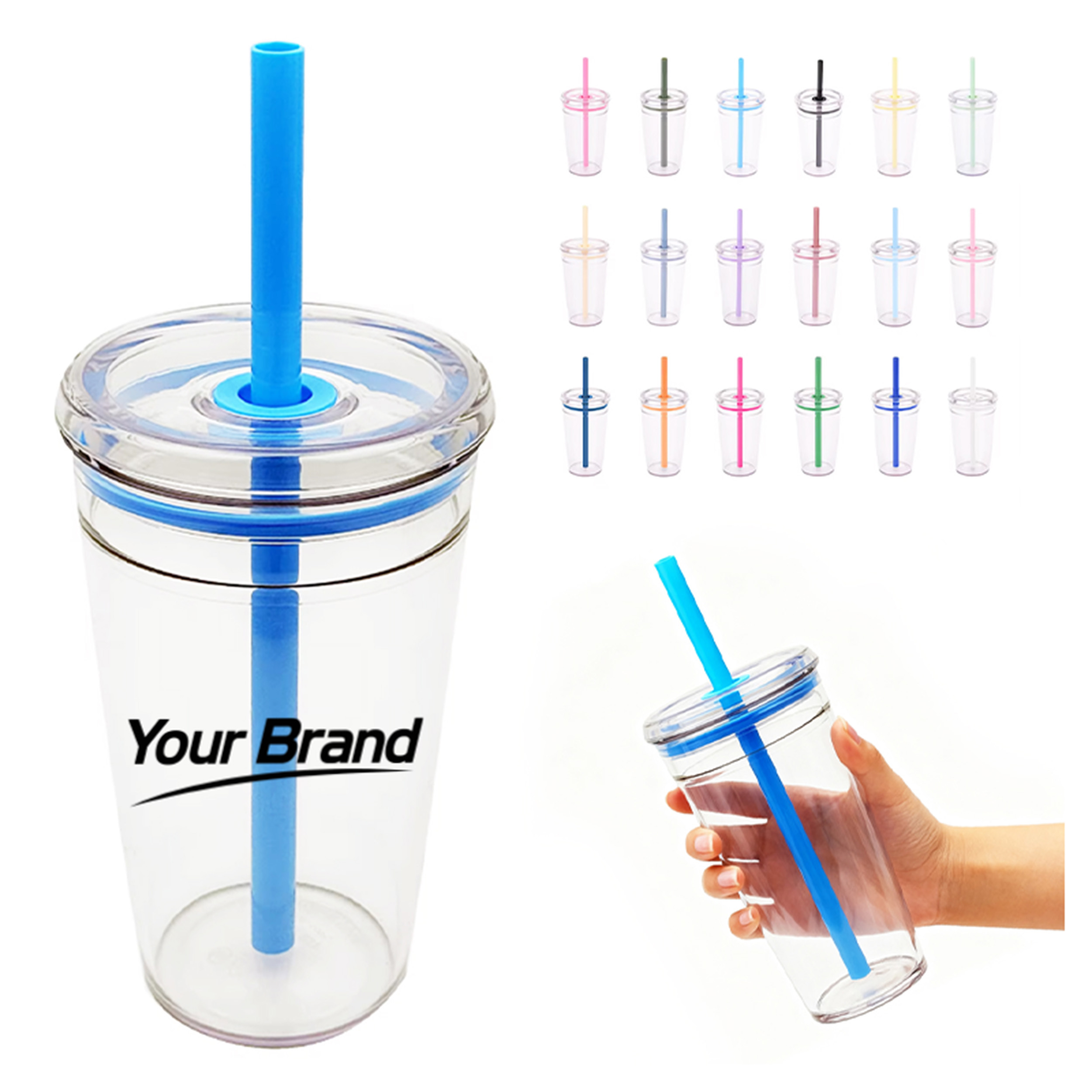 15 oz. Clear Plastic Tumbler w/ Color Straw and Custom Logo