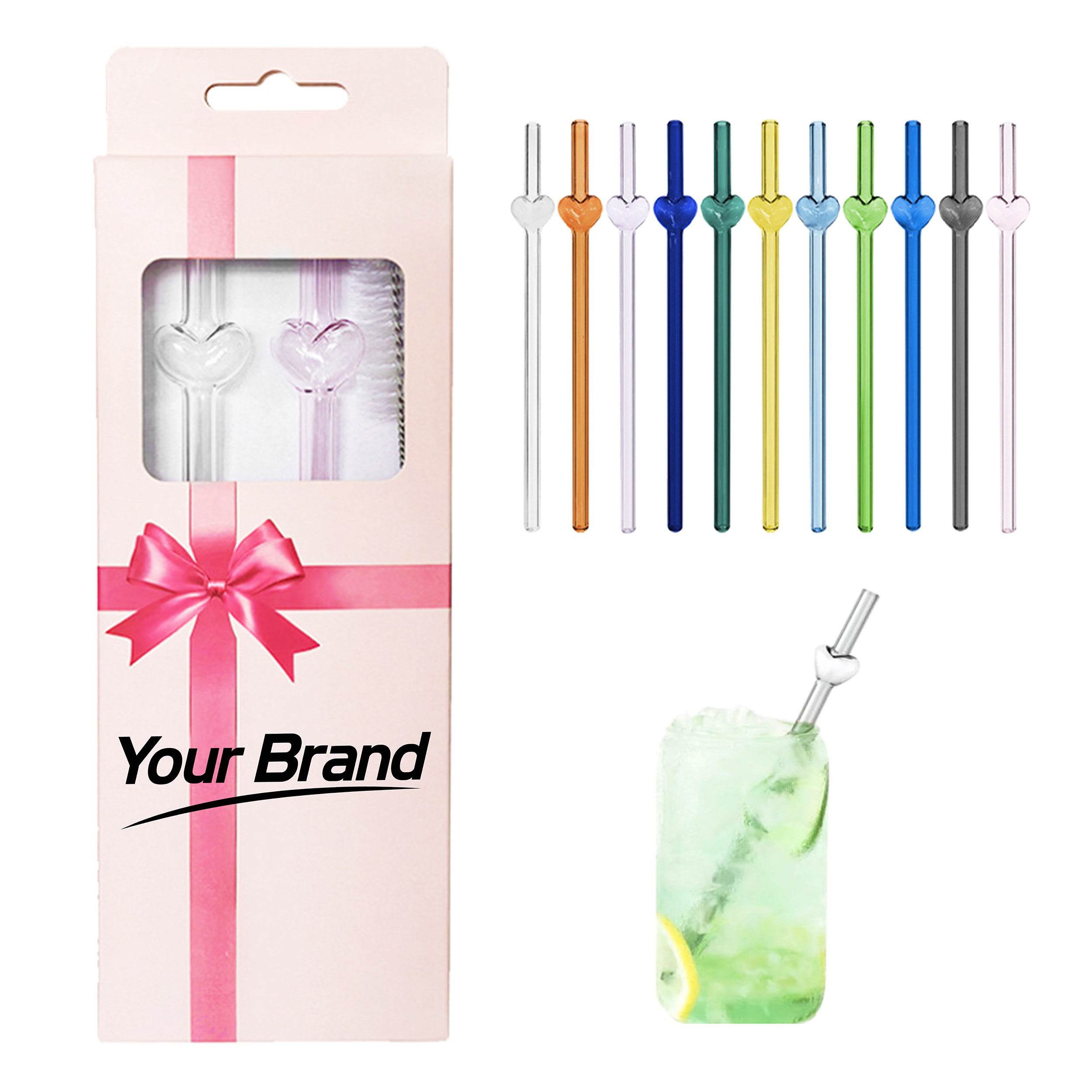 Reusable Heart Glass Straw Gift Set with Cleaning Brush