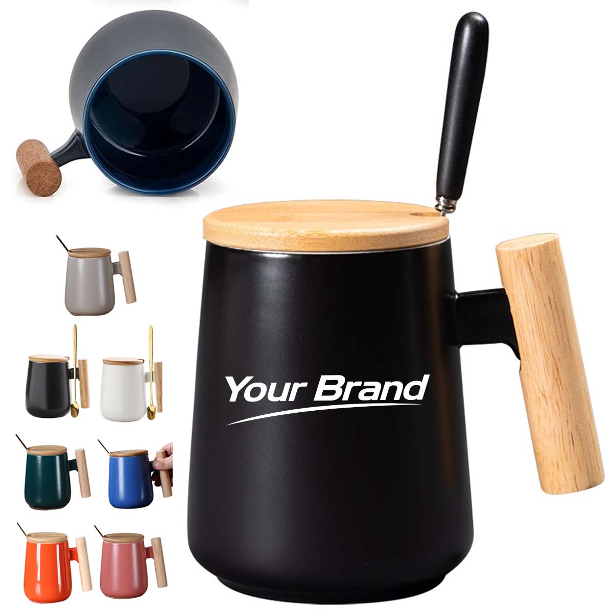 15 oz. Ceramic Coffee Mug with Bamboo Lid and Wood Handle