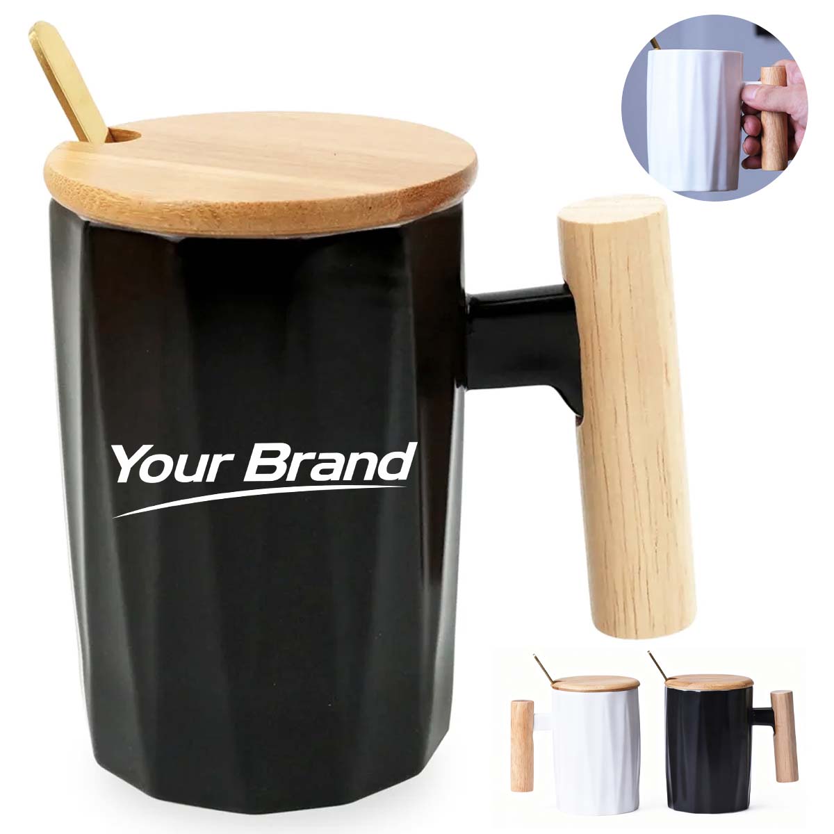 12oz. Ceramic Mug with Wooden Handle Lid and Spoon