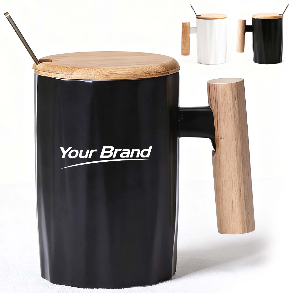 12oz. Ceramic Mug with Wooden Handle Lid and Spoon