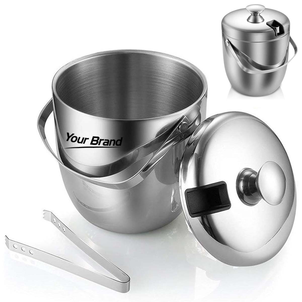 Stainless Steel Double Wall Ice Bucket w/ Lid $ Tongs
