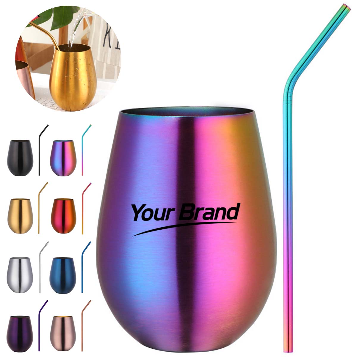 12oz. Stainless Steel Beer Cup with Bent Straw Drinkware Set