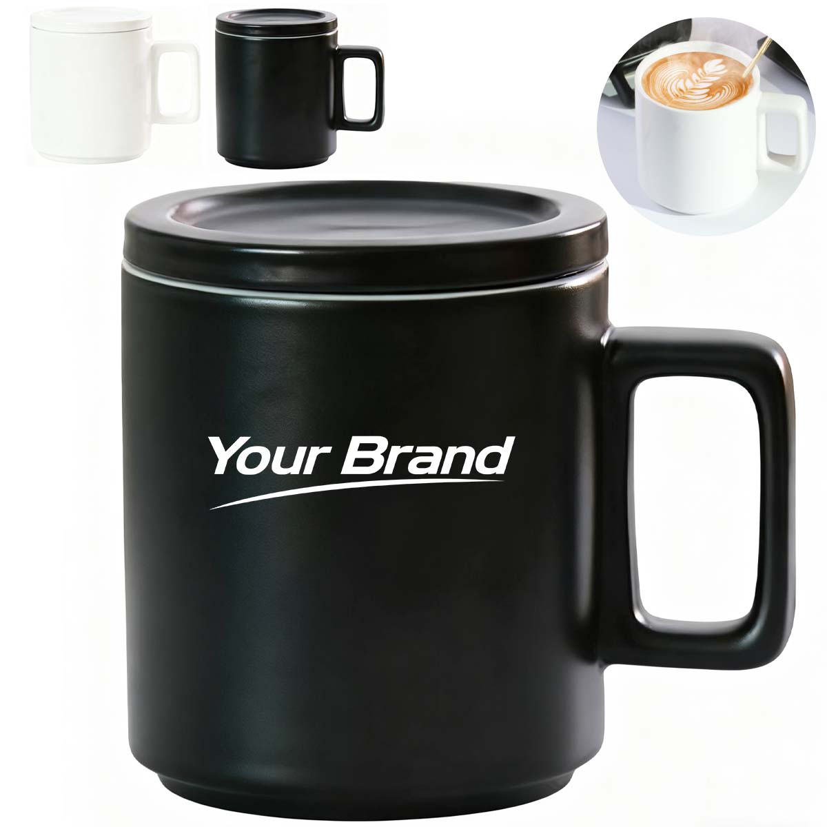 14.5oz. Ceramic Mug with Lid Square Handle Custom Drinkware